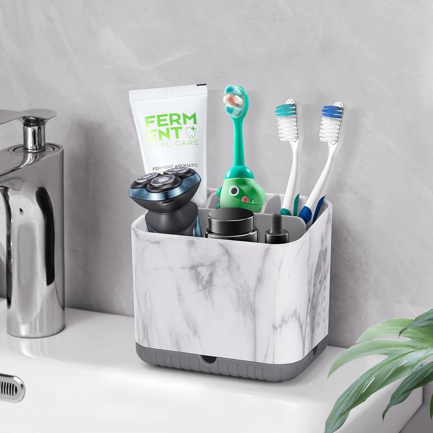 Toothbrush Holders for Bathrooms, Tooth Brush Holder for Bathroom Countertop Organizer, Kids Electric Toothbrush and Toothpaste Holder (Grey Marble Grain)