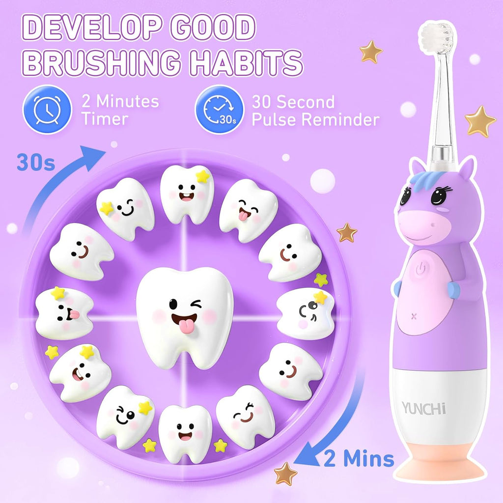 YUNCHI Toddler Electric Toothbrush Kids 0-3-6 Years, Baby Electric Toothbrush with Colorful LED Light, Battery Powered Toddler Toothbrush with 2 Minutes Timer 4 Brush Heads, Infant Toothbrush (Purple)