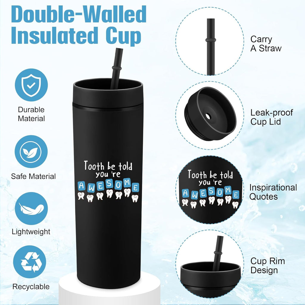 Skylety 3 Pcs Dental Hygiene Month Gifts Dental Assistant Hygienist Appreciation Gift 16oz Tumbler with Lid Cute Teeth Makeup Bag Stress Toy Employee Thank You Dentist Coworker Nurse Student(Black)