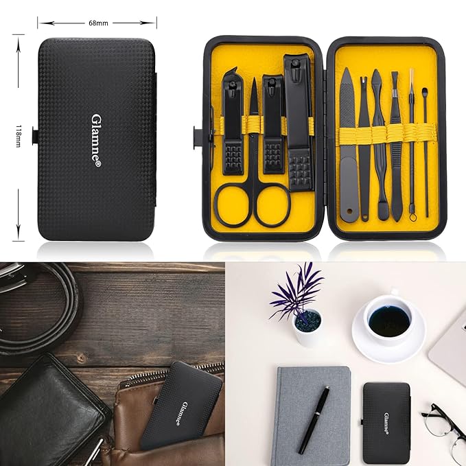 Manicure Set Nail Clippers Kit Professional Stainless Steel Nail Care Tools with Leather Travel Case 10 in 1 Yellow