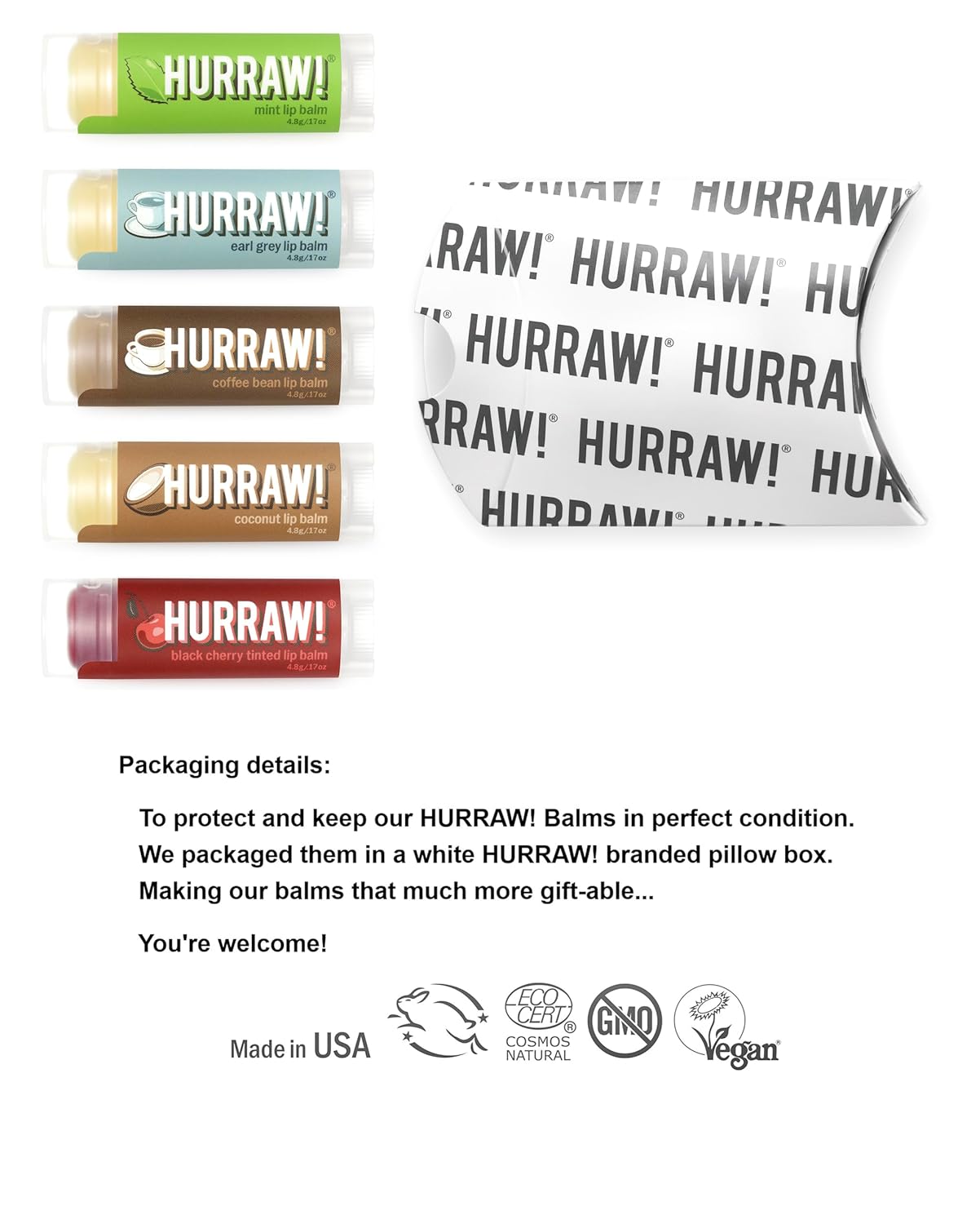 Hurraw! Lip Balms: Staff Favorites, 5 Balm Bundle Pack – Mint, Earl Grey, Coffee Bean, Coconut, Black Cherry (Sheer Red Tint). Organic, Certified Vegan, Cruelty & Gluten Free. All Natural. Made in USA