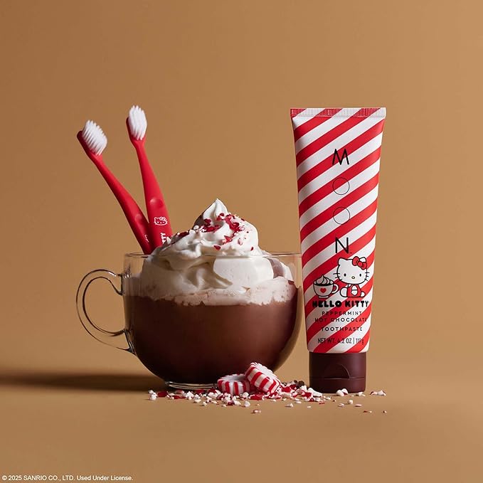 MOON x Hello Kitty Toothpaste, Peppermint Hot Chocolate Flavor, 4.2 Oz, No Fluoride or Sugar, Plus 2 Pack Extra Soft Bristle Toothbrushes, Gentle on Gums & Teeth for Adults & Children 2 Years+