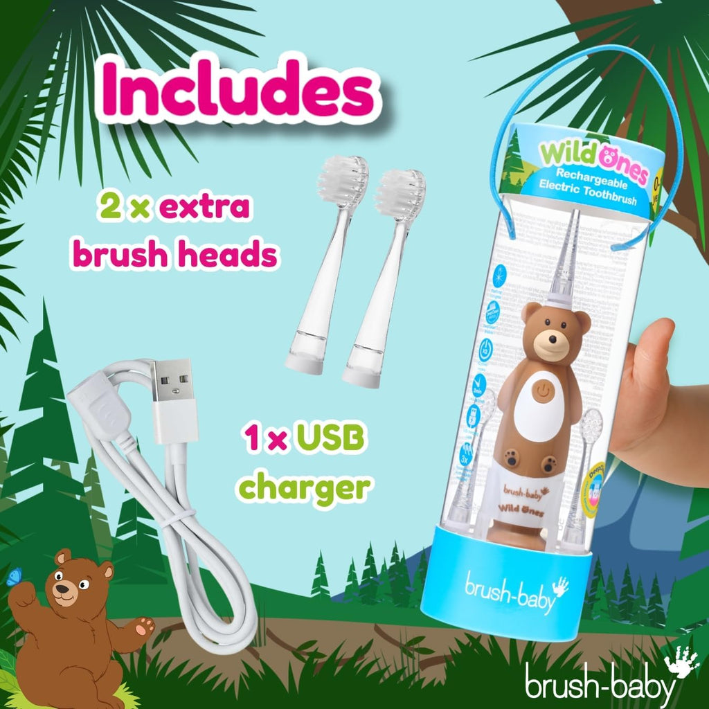 brush-baby - Kids Rechargeable Electric Toothbrush, 0-10 Years - WildOnes, Bear Design with Flashing Lights - DeepClean Bristles for Superior Clean - 2X Replacement Heads, 1x USB Cable