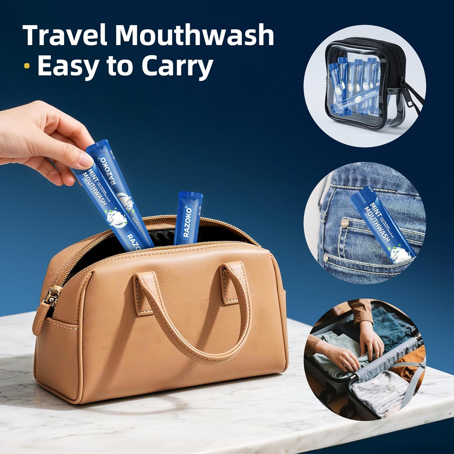 RAZOKO Mouthwash Travel Size-Portable Fresh Mint Packets,Alcohol & Fluoride Free Mouthwash,Disposable Oral Care Strips