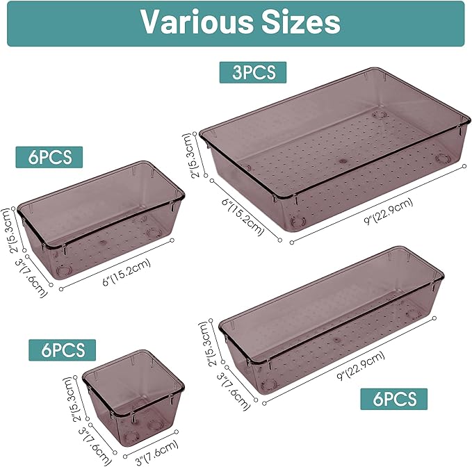 WOWBOX 25 PCS Plastic Drawer Organizer Set, 4 Sizes Desk Drawer Divider Organizers and Storage Bins for Makeup, Jewelry, Gadgets for Kitchen, Bedroom, Bathroom, Office, Clear Brown