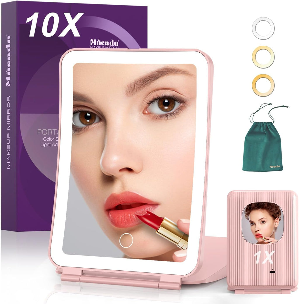 Mocado Travel Makeup Mirror with Light, 1x/10x Magnifying Mirror with Light, 3 Colors Lighted Magnifying Mirror, 2000mAh Rechargeable Lighted Makeup Mirror, Dimmable Touch, Memory Function (Pink)