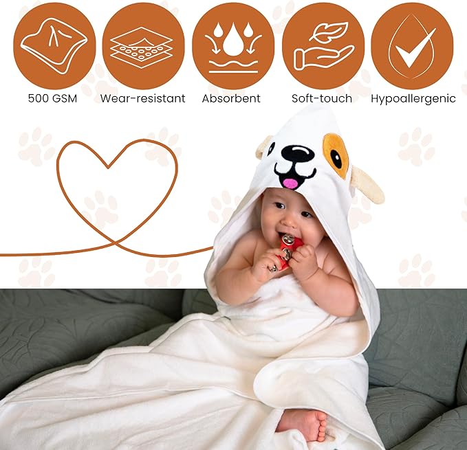 Premium Hooded Towel - 500GSM Viscose derived from Bamboo Cotton Baby Towels - Ultra Soft & Absorbent, Extra Large 35” x 35”, Hypoallergenic, Machine Washable Toddler Towel - Dog