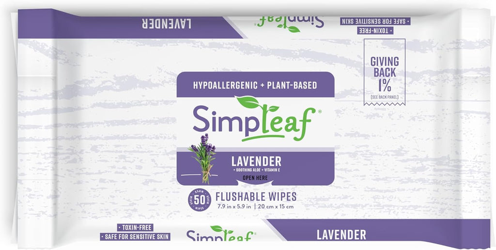 Simpleaf Flushable Wet Wipes Lavender | Plastic Free, Paraben & Alcohol Free | Hypoallergenic & Safe for Sensitive Skin | Soothing Aloe Formula | Adult Toilet Wipes (3 x 50 Counts Pack) 150 Counts