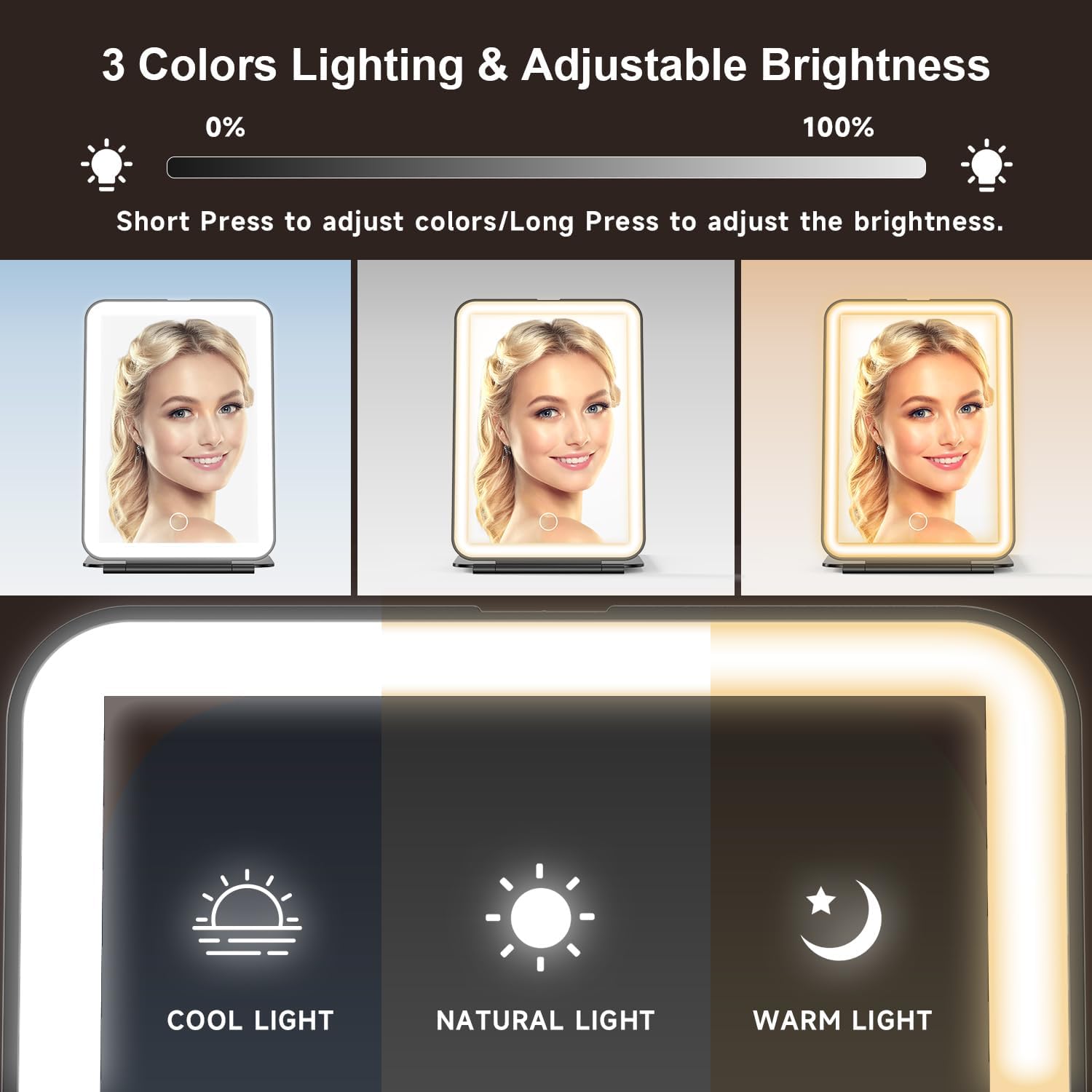 Mocado LED Foldable Travel Makeup Mirror - 5x7 inches 3 Colors Light Modes USB Rechargeable Touch Screen, Portable Tabletop Cosmetic Mirror for Travel, Cosmetic, Office (Black)