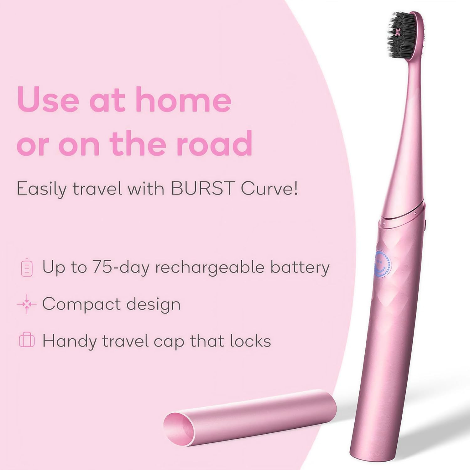 Burst Curve Sonic Electric Toothbrush for Adults (Blush Pink) | Slim Travel Brush with Cover | Ultra Soft Bristles | Up to 2 Month Rechargeable Battery | Two Modes & Timer
