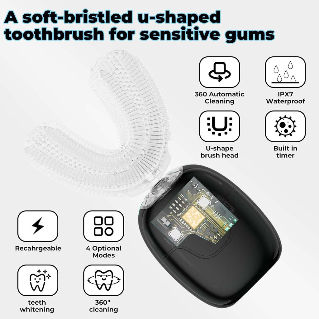 Electric U Shaped Toothbrush Adults with Nylon Brush Head,360 Degree Whole Mouth Cleaning, Rechargeable Electric Toothbrush,Teeth Whitening Brush for Home & Travel Use (Black)