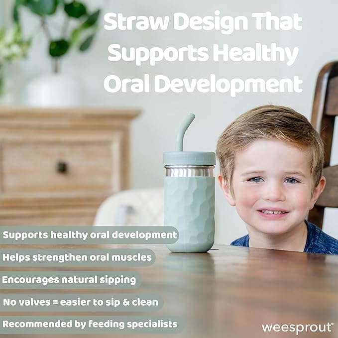 WeeSprout 2-in-1 Drinking Cups for Kids, Durable Stainless Steel Tumbler for Smoothies, Silicone Straws with Stoppers, Premium Plastic Twist Lids, Easy-Grip Sleeves, Set of 4 Dishwasher Safe Kid Cups