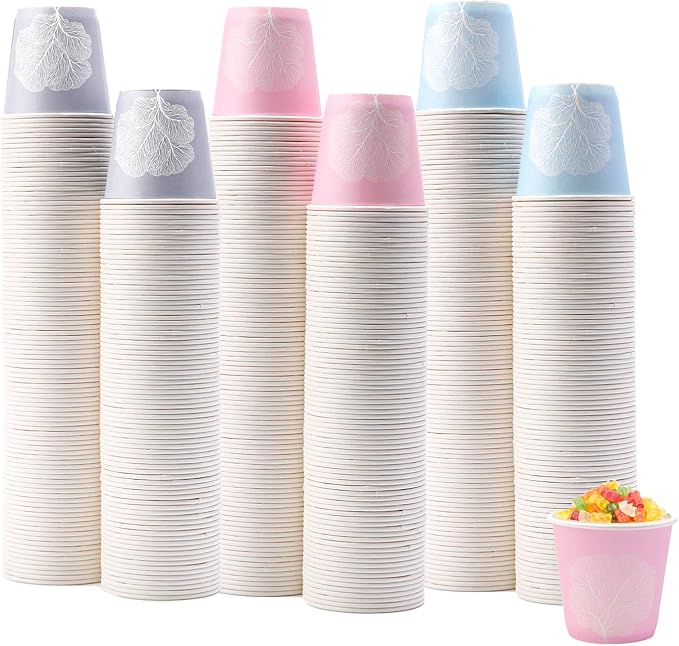 Tamone 600 Pack 3 oz Bathroom Cups, Small Paper Cups with Tree, Mouthwash Cups, Disposable Paper Cups,pink, green, gray, 3oz Paper Cups for Party, Picnic, BBQ, Travel, Home and Event