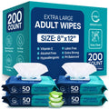 Body Wipes for Adults Bathing No Rinse - Adult Wipes for Elderly 8" x 12" (200 count) Shower No Rinse, Incontinence Disposable Washcloths, Aloe Vera, Vitamin E + 4 individual Packs