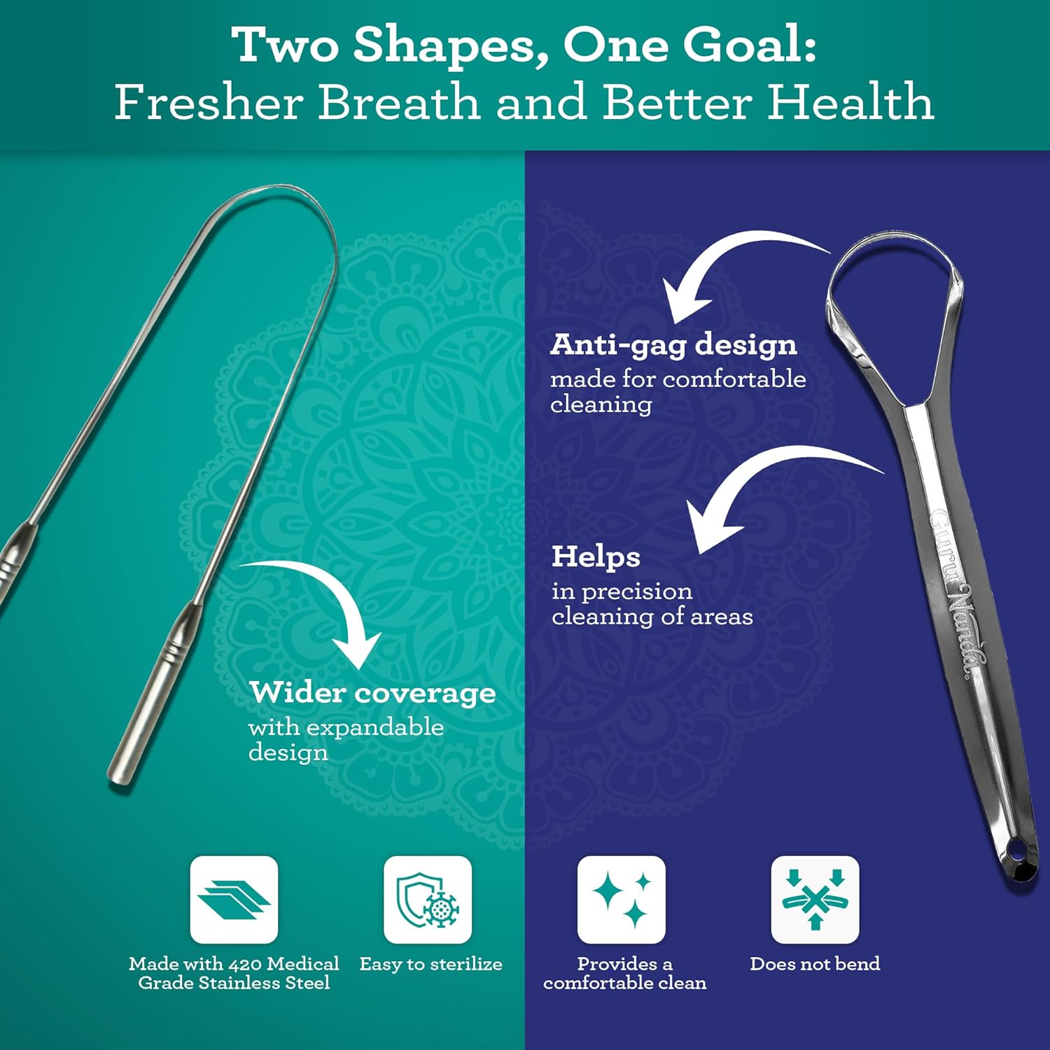 GuruNanda Spoon & U-Shaped Tongue Scraper Variety Pack (2 Pack) with Travel Case, 420 Medical Grade Stainless Steel, Promotes Fresh Breath & Oral Care