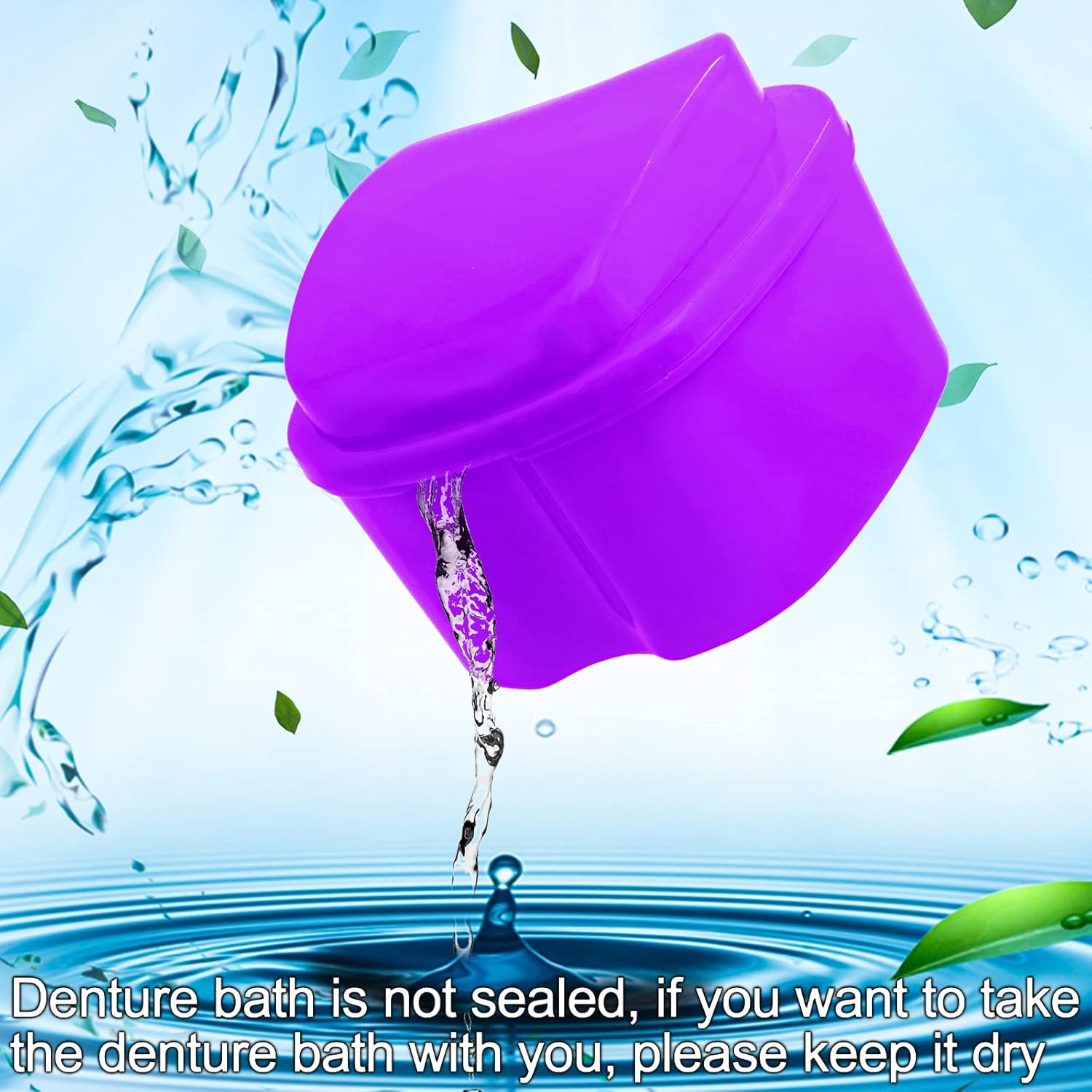 2 Pack Denture Case Dental Mouthguard Case, Denture Bath Box Cleaning with Brush, Strainer Basket and Lid Waterproof - Purple and Blue