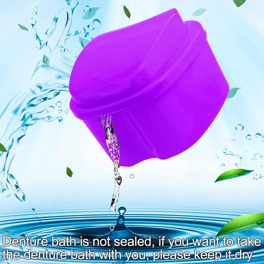 2 Pack Denture Bath Case Dental False Teeth Holder with Brush, Retainer Cleaning Case Denture Bath Cup Storage False Teeth Travel Case with Strainer - Purple and Dark Blue