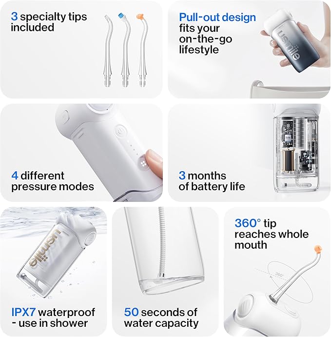 usmile C10 Portable Water Flosser – Travel-Friendly, 95-Day Battery, 4 Modes, 360° Nozzle, 180ml Tank, IPX7 Waterproof, Dentist-Recommended for Braces, Implants & Sensitive Gums (Inkstone Black)