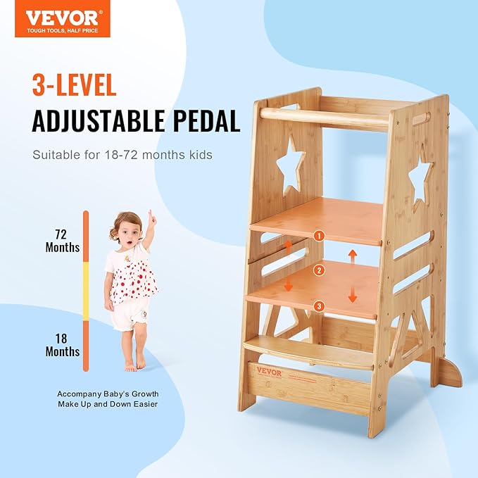 VEVOR Tower Step Stool, 3-Level Height Adjustable Toddler Step Stools for Kids, Bamboo Kitchen Stool, Kids Standing Tower Learning Stool with Safety Rail for Kitchen Counter Bathroom, 350LBS