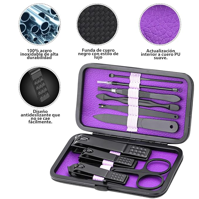Manicure Set Nail Clippers Kit Professional Stainless Steel Nail Care Tools with Leather Travel Case 10 in 1 Purple