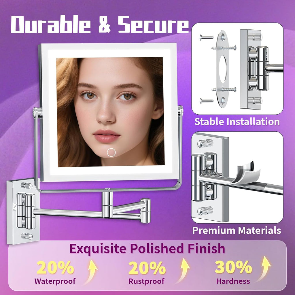 Wall Mounted Makeup Mirror with Lights 4000mAh Rechargeable Double Sided 1X/10X Magnifying Lighted Vanity Mirror with 3 Color Lights & Touch Dimmable 360° Rotation Extension Swing Arm for Bathroom