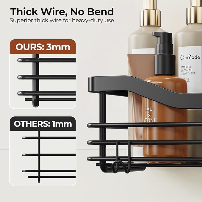 Orimade Adhesive Shower Caddy Shelf with 5 Hooks Organizer Storage Rack Rustproof Wall Mounted Stainless Steel No Drilling for Bathroom, Toilet, Kitchen - 2 Pack,Black