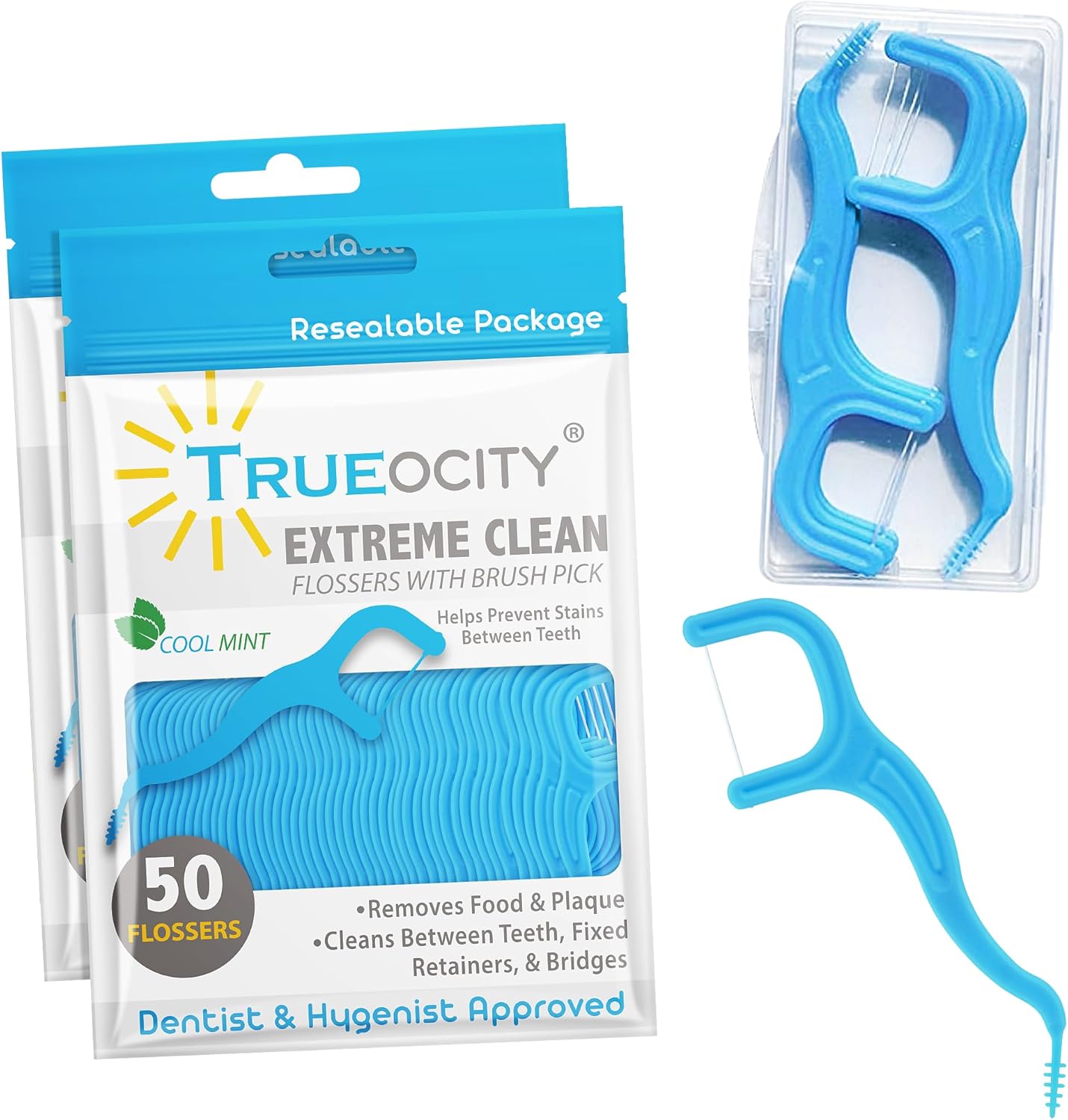 Trueocity Dental Flossers Brush Picks 2 Pack w/Travel Case (100 Total Count), Dental Floss Glides Easy, Flosser Helps Prevent Tooth Decay & Gum Disease, Easy Grip, Flossers for Adults, Mint Flavored