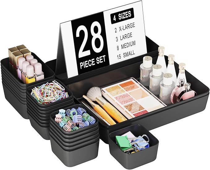 Plastic Drawer Organizers, 28 PCS Drawer Organizer Bins, Bathroom and Vanity Organizer Plastic Tray, Makeup organizer and storage for Makeup, Bedroom, Kitchen Gadgets Utensils and Office