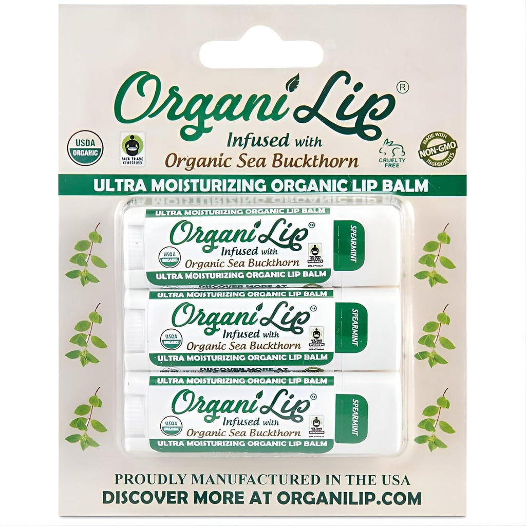 Organic Lip Balm, Spearmint Flavor, Ultra Hydrating Lip Moisturizer for Dry Lips, Oval Shaped Tube, USDA Certified Organic, 3 Pack - OrganiLip