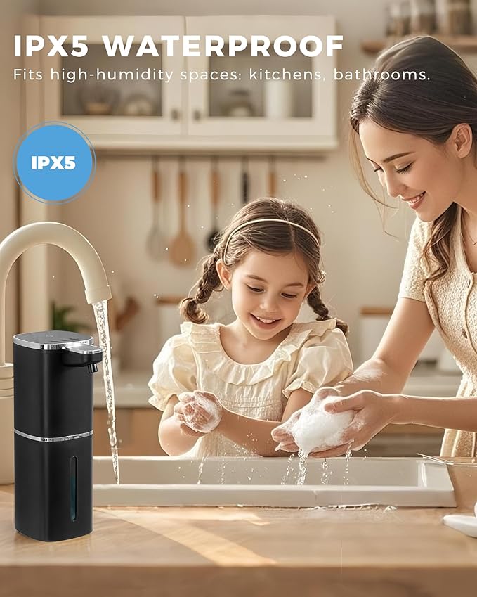 2 Pack Automatic Liquid Soap Dispenser, 12.8oz Rechargeable, Adjustable Liquid Levels, IPX5 Waterproof, Touchless & Wall/Tabletop Use for Kitchen Bathroom, Black