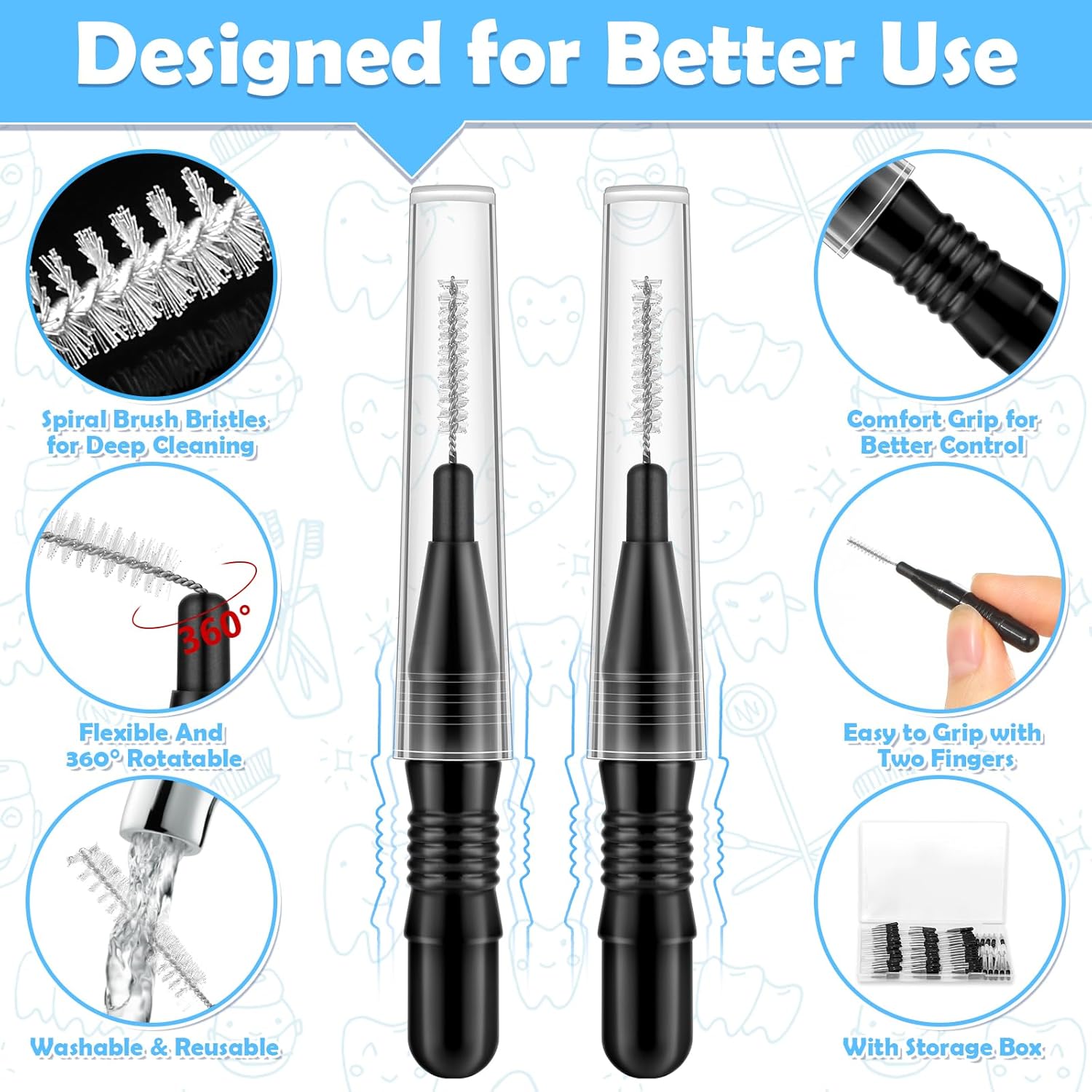 120Pcs Interdental Brushes, 360° Bendable Soft Bristles Braces Flossers Dental Brushes Between Teeth Gum Interdental Brushes for Gum Braces Oral Teeth Cleaning Tool （Black）