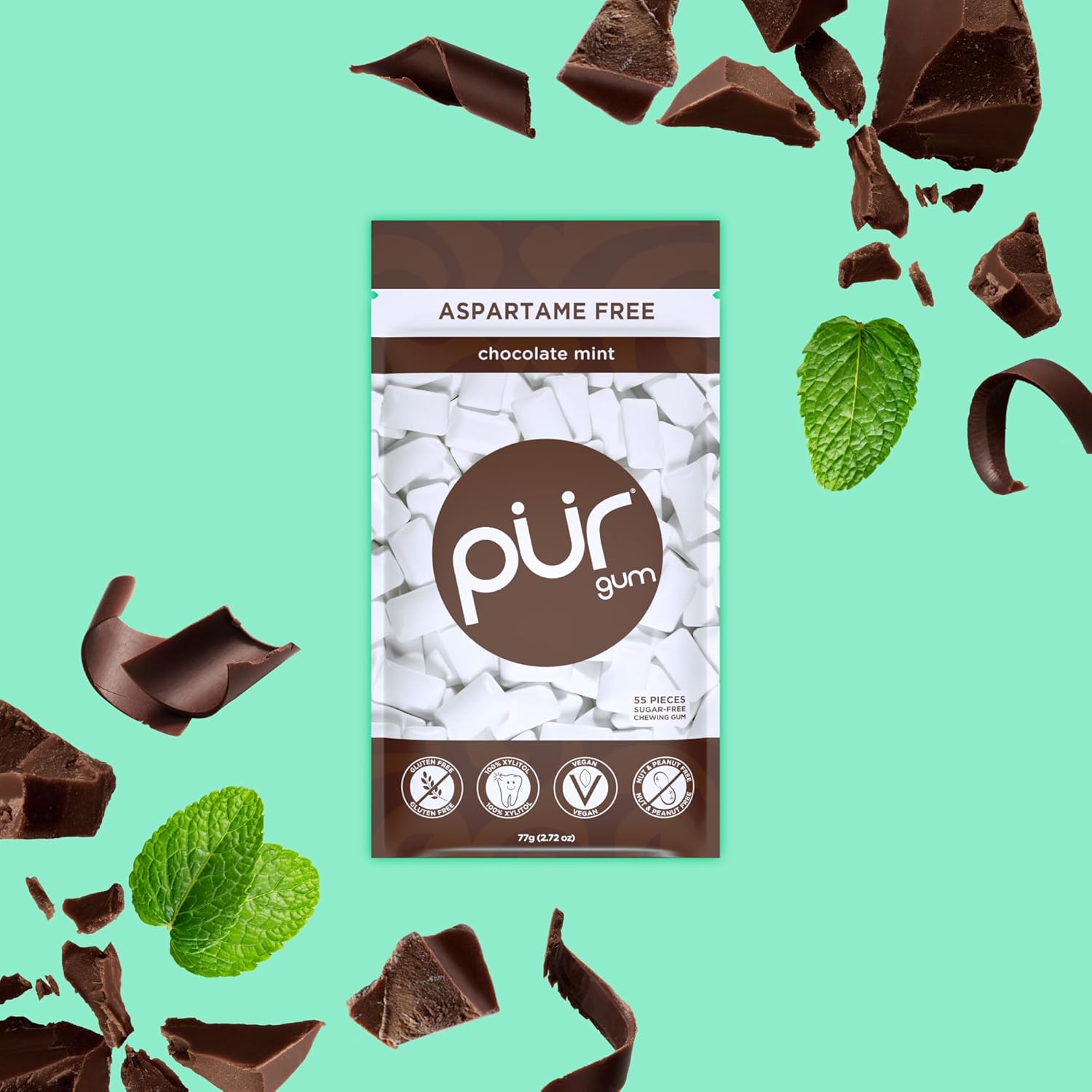 PUR Gum | Aspartame Free Chewing Gum | 100% Xylitol | Natural Chocolate Mint Flavored Gum, 55 Pieces (Pack of 3)
