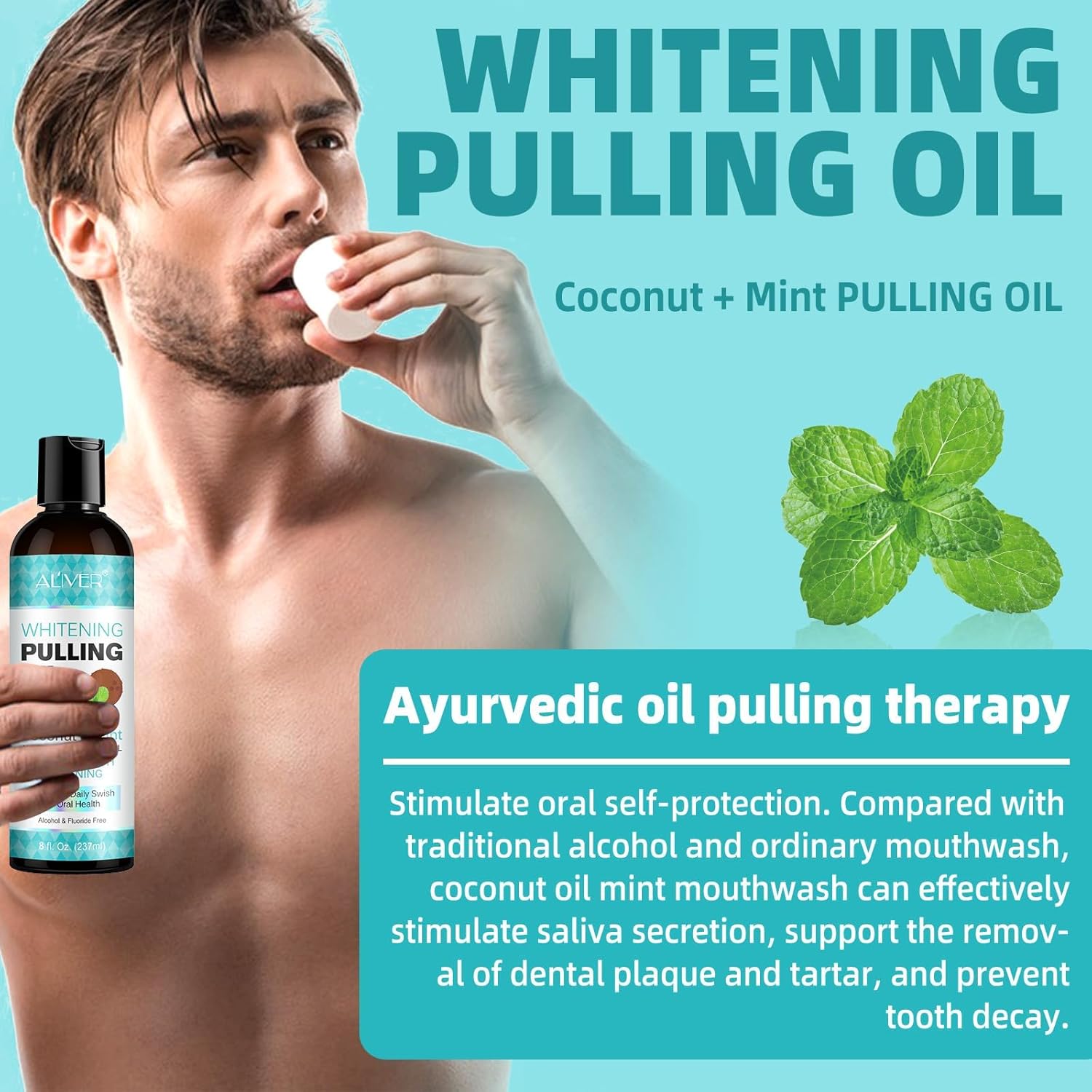 Coconut Oil Pulling with Peppermint Oil-Mouthwash for Oral Care-Helps with Fresh Breath, Organic Essential Oils Mouthwash with Tongue Scraper,Treatment for Gums-237ML