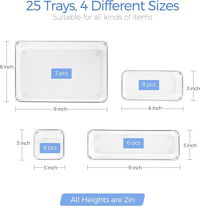 Ravinte 25 PCS Drawer Organizer Plastic Storage Bins, 4 - Size Kitchen Drawer Organizer with Non-Slip Pads Clear Desk Storage Tray for Makeup, Jewelries, Kitchen Utensils and Office