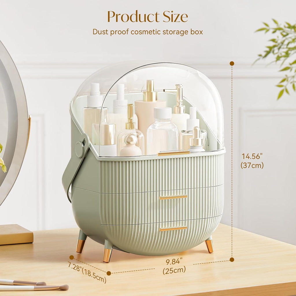 Makeup Organizers, Make Up Organizer for Vanity, Countertop Cosmetic Storage with Drawers and Transparent Cover for Bedroom Bathroom, Light Green