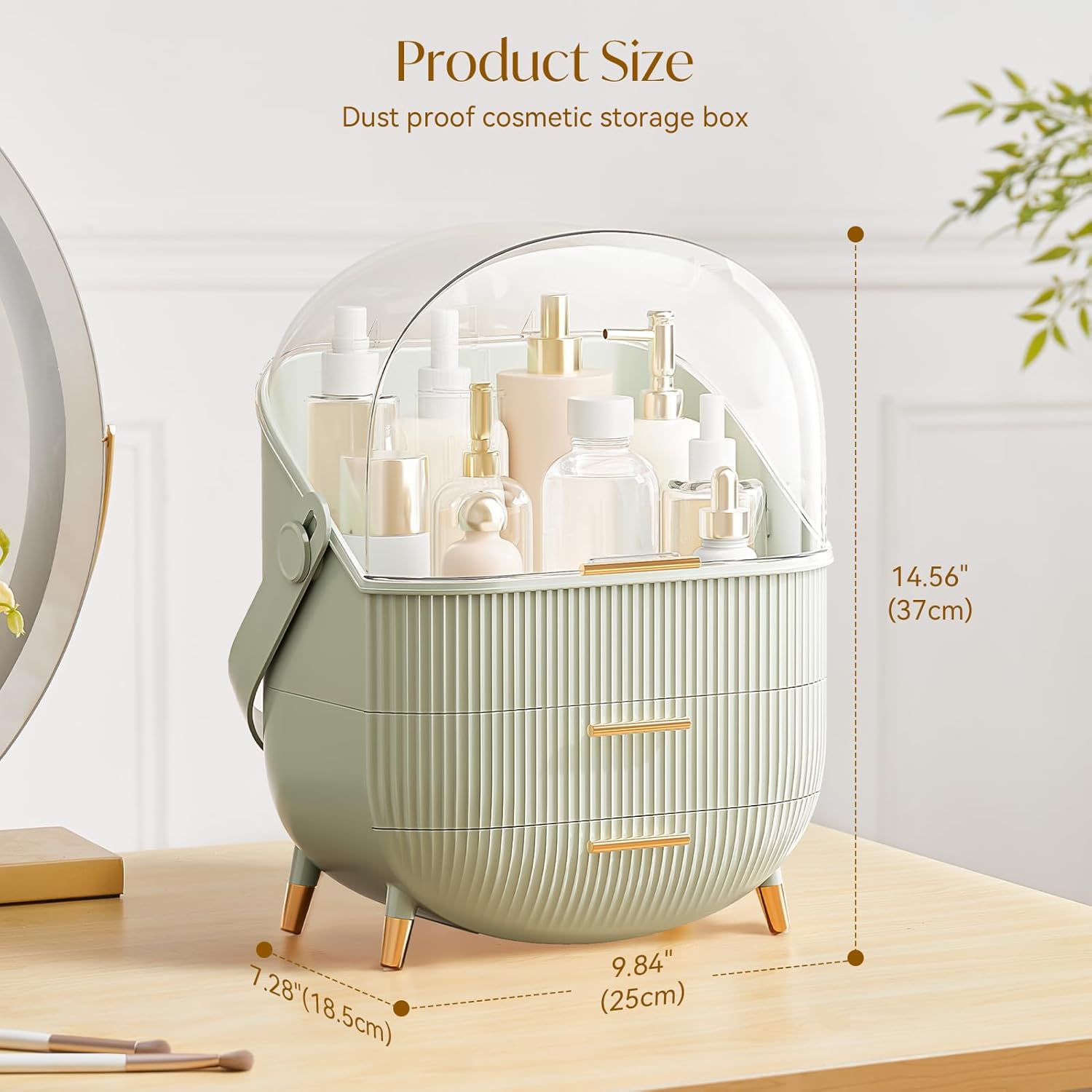 Makeup Organizers, Make Up Organizer for Vanity, Countertop Cosmetic Storage with Drawers and Transparent Cover for Bedroom Bathroom, Light Green