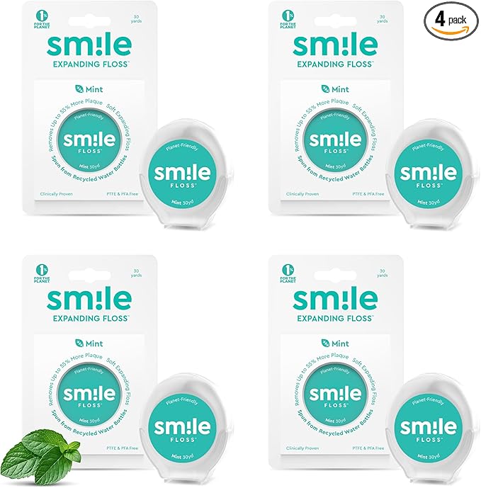 Smile Expanding Floss, Premium Woven Dental Floss with Natural Plant-Based Wax, Soft on Teeth & Gums, Mint Scent, PTFE & PFAS Free, Cruelty Free (4-Pack, 30 Yards Each)