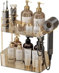 2 Tier Gold Bathroom Counter Organizer with Hair Dryer Holder, Skincare & Makeup Organizer, Cosmetics Shelf for Vanity Tray