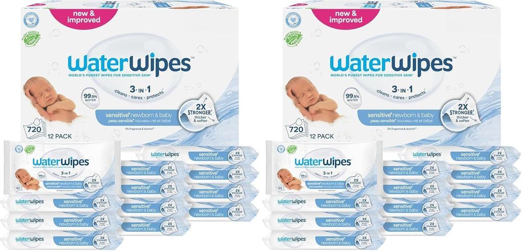 WaterWipes Sensitive+ Newborn & Baby Wipes, 3-In-1 Cleans, Cares, Protects, 99.9% Water, Unscented & Hypoallergenic, 1440 Count (24 Packs)
