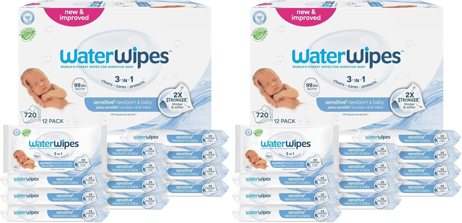 WaterWipes Sensitive+ Newborn & Baby Wipes, 3-In-1 Cleans, Cares, Protects, 99.9% Water, Unscented & Hypoallergenic, 1440 Count (24 Packs)