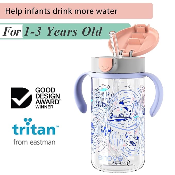 Evorie Tritan Spill Proof Toddler Straw Sippy Cup, 10 oz for Baby and Toddlers 1-3 Years Old, No Spill Straw Water Bottle with Removable Handles, Ideal for School, BPA-Free, Travel in Space
