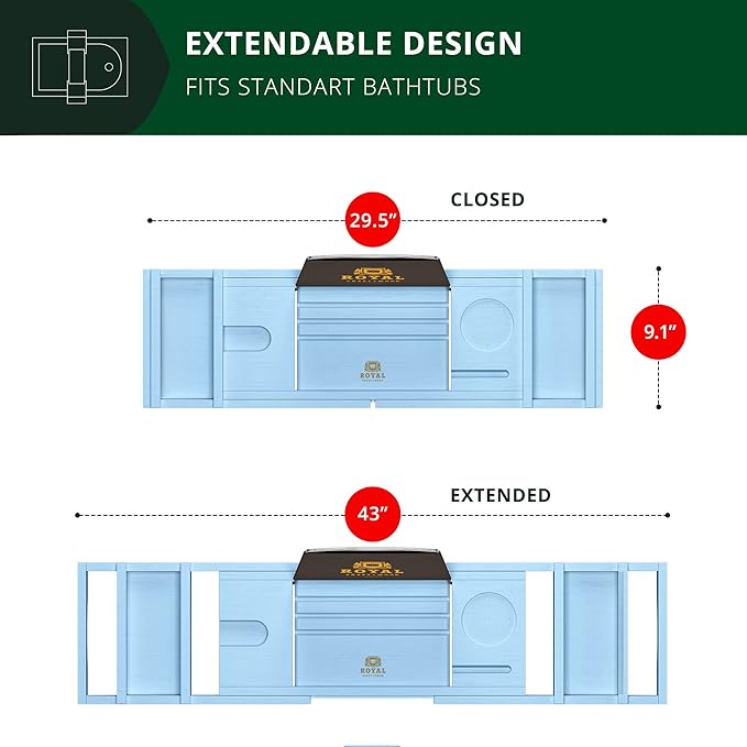 ROYAL CRAFT WOOD Non-Foldable Bathtub Tray - Wood Bath Tray for Tub, Bamboo Bathtub Shelf, Expandable Bath Table Trays, Luxury Bathroom Accessories for New Home & Unique Gift for Women