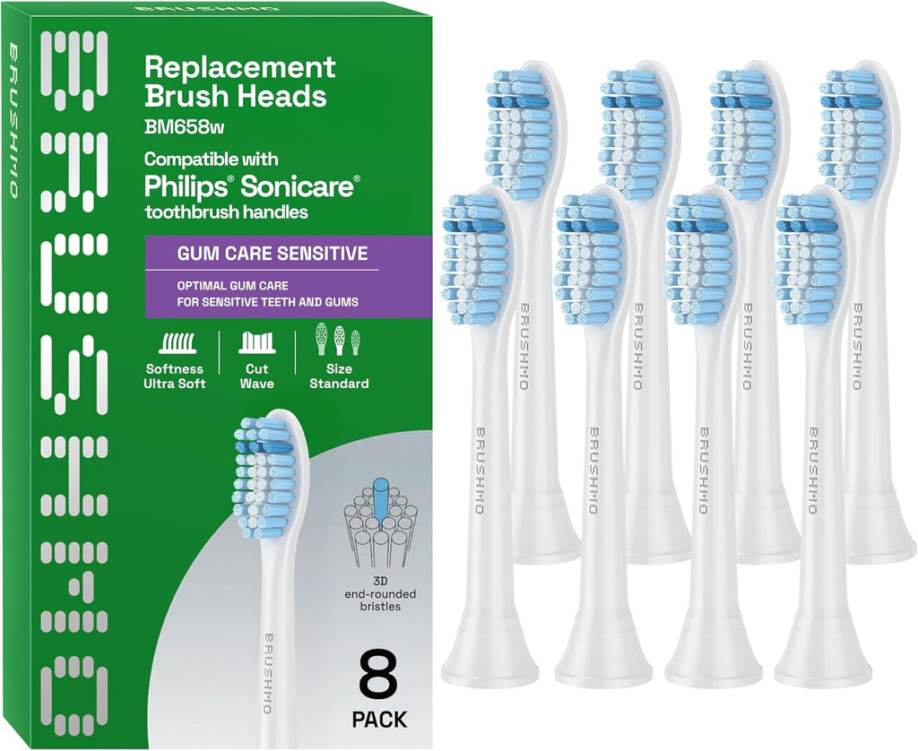 Brushmo Gum Care Sensitive Replacement Toothbrush Heads, Compatible with Philips Sonicare Click-on Toothbrush Handles, 8 Standard Heads, Extra Soft Dupont Bristles for Sensitive Teeth, BM658, White