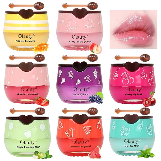 8 PCS Bee Lip Balm Honey Pot, Strawberry, Watermelon, Apple Lime, Cherry, Mint, Grapes & Peach Flavors Honey Sleeping Lip Balm Bulk, Moisturizing Lip Mask Overnight Reduces Lip Lines, Cracked Lip Care