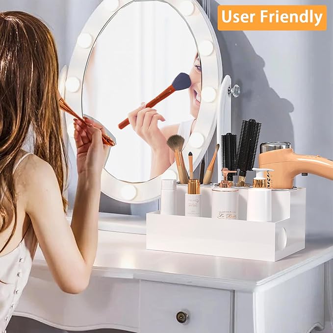 White Hair Tool Organizer Acrylic Hair Dryer and Styling Holder, Bathroom Countertop Blow Dryer Holder, Vanity Caddy Storage Stand for Accessories, Makeup, Toiletries
