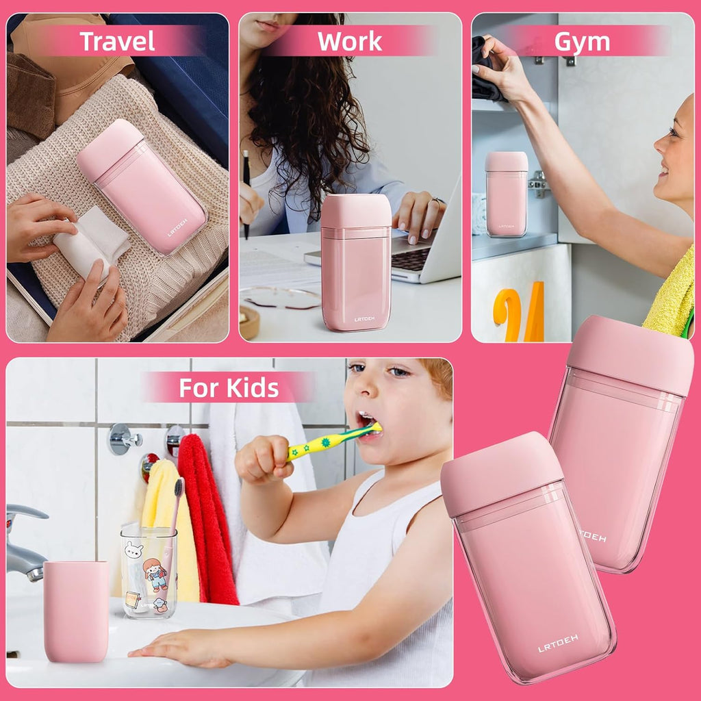 Travel Toothbrush Cup Set, Portable Travel Wash Cup with Foldable Toothbrush, Small Toothbrushes Case Holder with Cover, Lightweight Mini for Hiking, Business Trip (Pink)