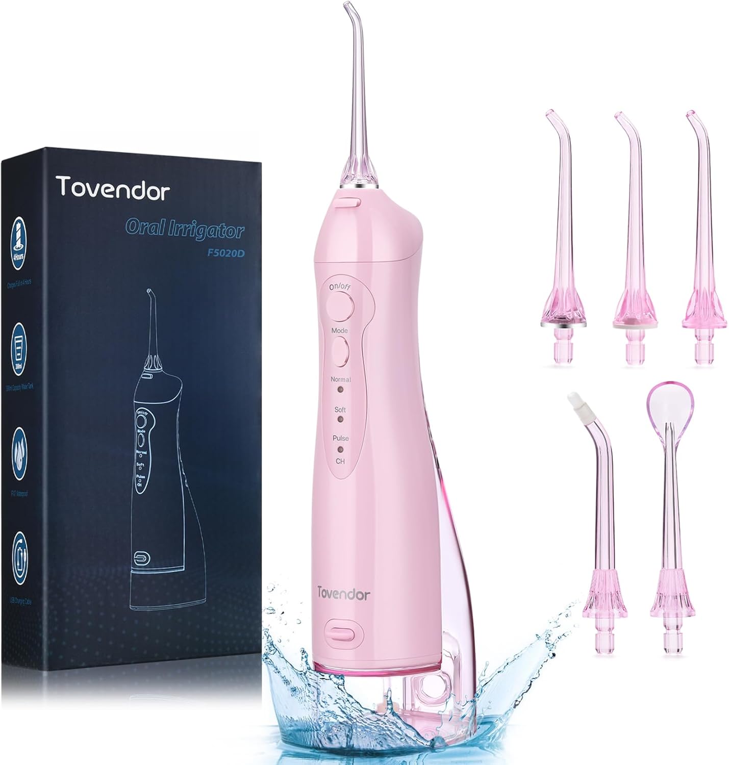 TOVENDOR Electric Water Flosser, Cordless Rechargeable Dental Oral Irrigator IPX7 Waterproof 300ML Travel Water Teeth Cleaner with 5 Tips for Braces Care Teeth Gums Cleaning, Home Office Daily Use