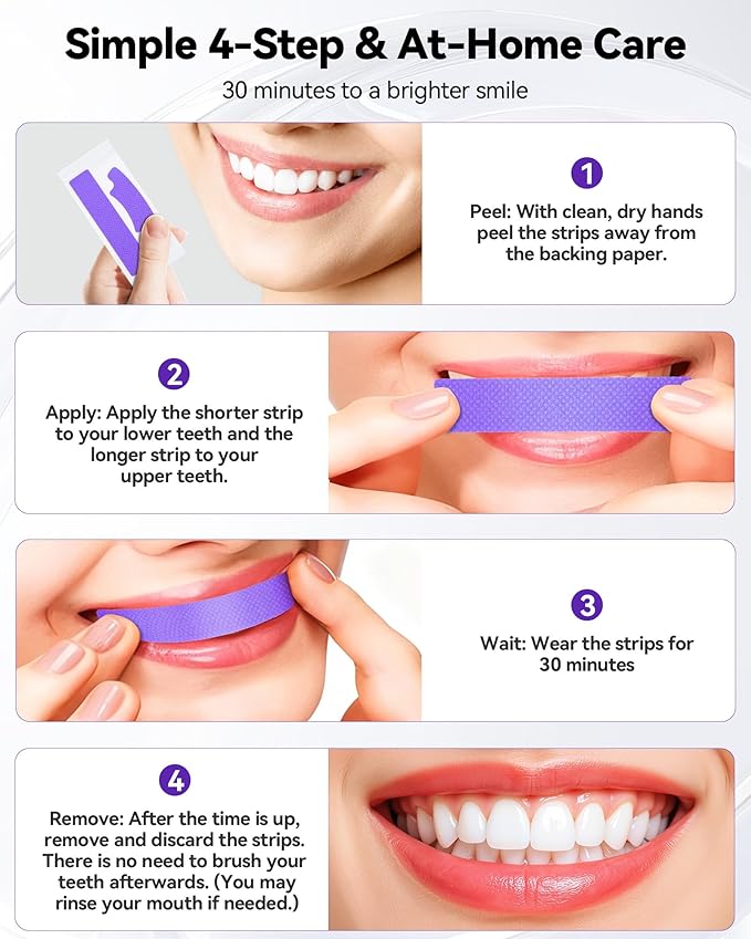 Teeth Whitening Strips 7 Treatments, Enamel Safe for Sensitive Tooth, Whitens Teeth, Purple Whitening Strips, Removes Yellow Stains & Bad Breath - Effective Color Correction for a Brighter Smile