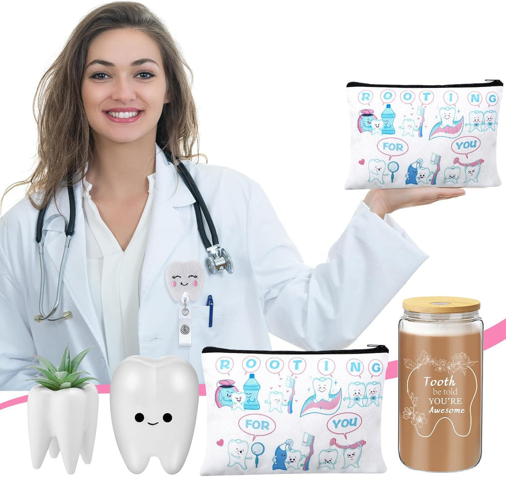 Pickmesh 6 Pcs Dental Gifts Nurse Assistant Hygienist Gifts 16 oz Glass Cups with Lid Makeup Bag Smiling Tooth Shape Felt Badge Holder Ceramic Pen Toothbrush Pot for Women Coworkers(White)