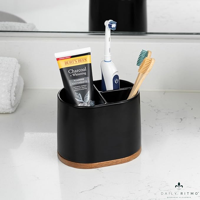 DAILY RITMO® Large Black Toothbrush Holder for Bathrooms with Bamboo Base | Modern 3 Slots Compartment White Ceramic Marble Like Toothpaste Cup for Electric and Kids Tooth Brushes